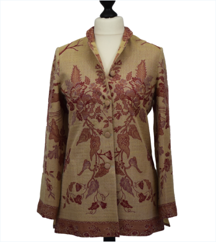 Silk and cashmere mustard coloured Jacket with dark red details